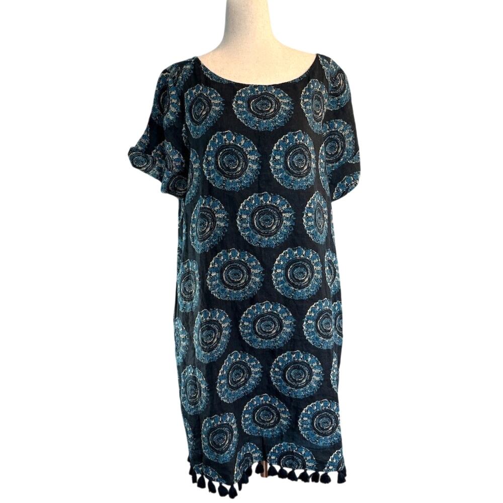 Roller Rabbit A-Line Dress Blue Medallion Print Lined Tassel Hem Linen Cotton M